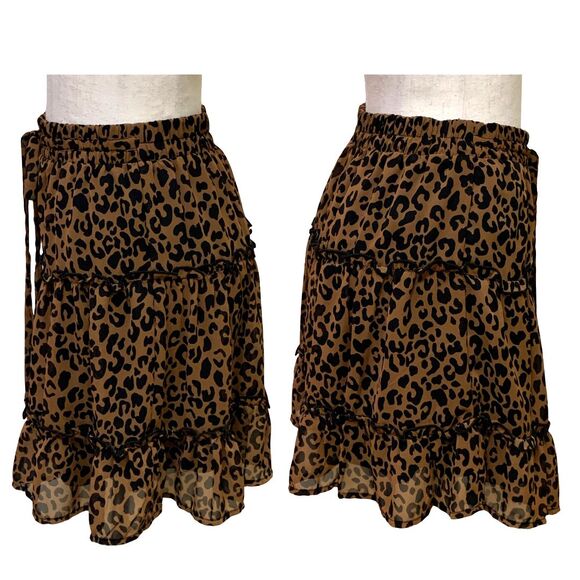 Sienna Sky Leopard Print Tiered Ruffle Mini Skirt Brown Black Size S - Picture 3 of 9
